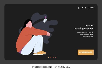 Fear of meaninglessness. Contemplative female character sits isolated, questioning life's purpose amidst shadows, representing deep emotional and existential concerns. Flat vector illustration