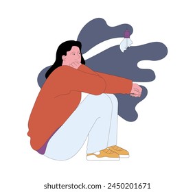 Fear of meaninglessness. Contemplative female character sits isolated, questioning life's purpose amidst shadows, representing deep emotional and existential concerns. Flat vector illustration