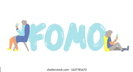 Fear of missing out concept. FOMO abbreviation text emblem isolated on white background. Modern social anxiety acronym. People sitting and using their phones to calm down. Vector flat illustration