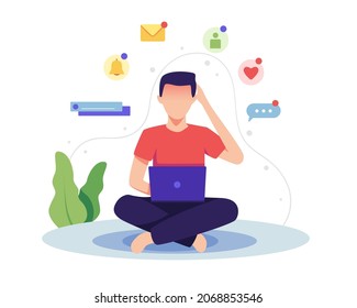 Fear of Missing Out concept illustration. Man checking social media messages and notifications on his laptop. Vector illustration in a flat style