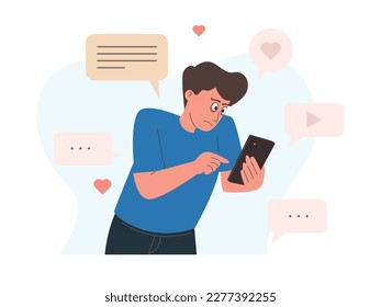 Temor a perder el concepto de FOMO. Hombre con teléfono rodeado de iconos en los medios sociales