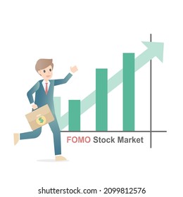 Fear of missing out (FOMO)
,stock market up growth rally,investor feeling or anxiety to follow trend or people who share high profit,greed behavior towards prices,Vector illustration.