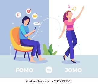 Miedo a perder el lugar vs Alegría de perderse. Dos mujeres con diferentes condiciones, simbolizando la vida de Fomo y Jomo. Ilustración vectorial en estilo plano