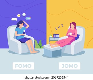 Fear of missing out vs Joy of missing out. Two women with different conditions, Symbolizing Fomo and Jomo life. Vector illustration in flat style