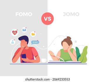 Fear of missing out vs Joy of missing out. Differences between Fomo and Jomo life. Young man who is afraid to miss something and Young girl who joy of missing out. Vector illustration in a flat style