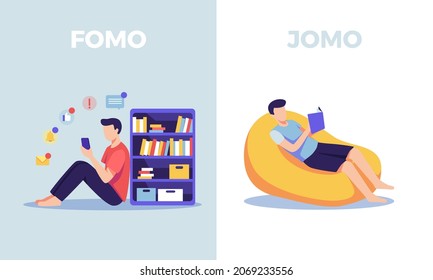 Miedo a perder el lugar vs Alegría de perderse. Dos jóvenes con diferentes condiciones, simbolizando la vida de Fomo y Jomo. Ilustración vectorial en estilo plano