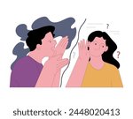 Fear of misunderstanding or misinterpretation. Scared man trying to convey to a puzzled woman his speech. Problems in communication, crisis in relationship. Flat vector illustration