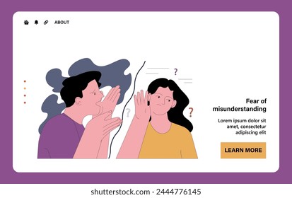 Fear of misunderstanding or misinterpretation. Scared man trying to convey to a puzzled woman his speech. Problems in communication, crisis in relationship. Flat vector illustration