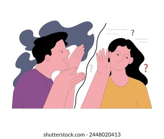 Fear of misunderstanding or misinterpretation. Scared man trying to convey to a puzzled woman his speech. Problems in communication, crisis in relationship. Flat vector illustration
