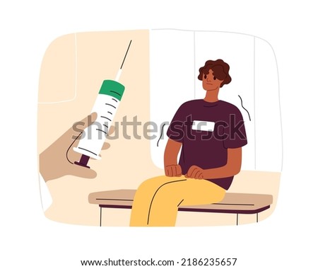 Fear of needles concept. Patient with phobia of syringe injections, trypanophobia. Scared person afraid of medical shots, vaccine, doctor. Flat vector illustration isolated on white background