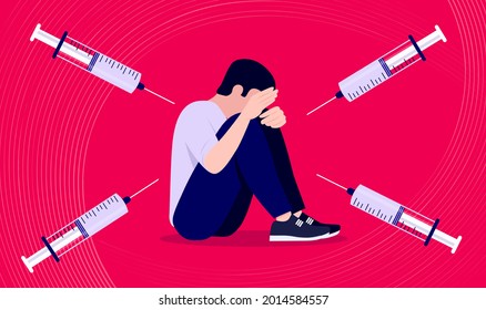 Fear of needles, injection and syringe - Trypanophobia illustration of male person suffering panic attack. Mental health, vaccination and anxiety concept. Vector format.