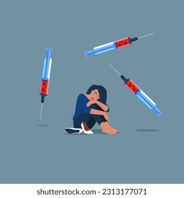 Fear of needles and syringe. Suffering panic attack and feeling dizzy. Depressed businessman feeling despair. International Day against Drug Abuse and Illicit Trafficking. 