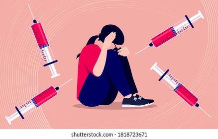 Fear of needles and syringe - Trypanophobia illustration of woman suffering panic attack and feeling dizzy. Mental health, vaccination and anxiety concept. Vector format.