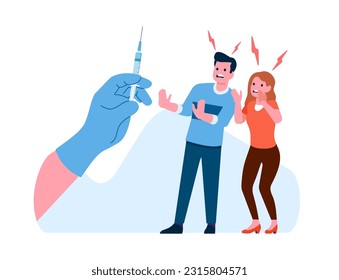Fear of needles and syringes. Frightened man or woman. Panicked patients. Spooky doctors hand with injector. People afraid of vaccination. Fearful physician. Vector