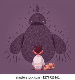 Fear. Nightmare for a child. Cartoon vector illustration. Monster character design. Boy with a toy