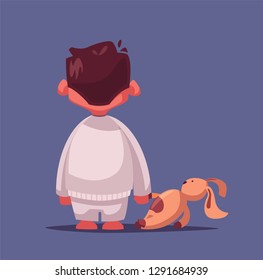Fear. Nightmare for a child. Cartoon vector illustration. Boy with a toy. Looking for a monster. Back of kid