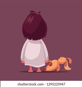 Fear. Nightmare for a child. Cartoon vector illustration. Girl with a toy. Looking for a monster. Back of kid