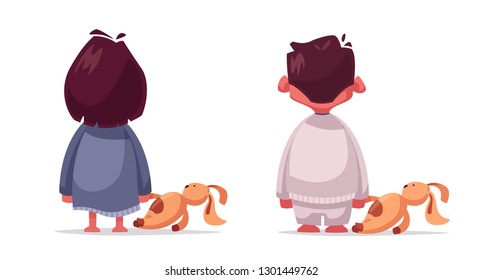 Fear. Nightmare for a child. Cartoon vector illustration. Boy and girl with a toy. Looking for a monster. Back of kid