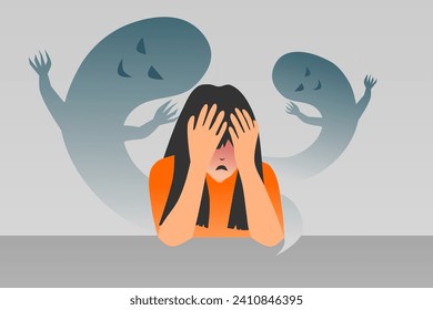 Fear, panic, phobia, frustration attack concept. Frightened woman with scary shadow ghosts in background. Vector illustration.