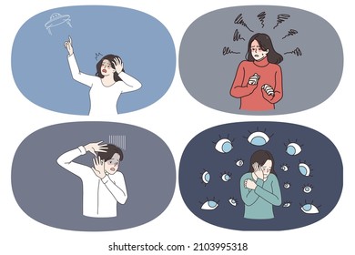 Fear panic shock and pressure concept. Set of young people touching head seeing ufo feeling frustrated and under public opinion pressure vector illustration 