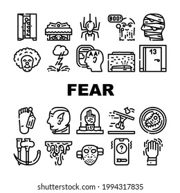 Miedo Problema De Fobia Colección Iconos Set Vector. El Miedo A Los Monstruos Y Los Vampiros, El Fantasma Y Los Zombie, La Mummy Y El Poltergeist, La Sangre Y Las Bacterias Dieron Ilustraciones Contorescentes