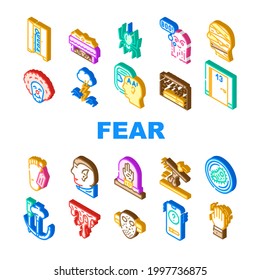 Fear Phobia Problem Collection Icons Set Vector. Monster And Vampire Fear, Ghost And Zombie, Mummy And Poltergeist, Blood And Bacteria Dread Color Illustrations
