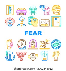 Fear Phobia Problem Collection Icons Set Vector. Monster And Vampire Fear, Ghost And Zombie, Mummy And Poltergeist, Blood And Bacteria Dread Concept Linear Pictograms. Contour Color Illustrations