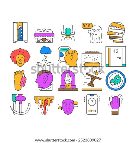 Fear Phobia Problem Collection Icons Set Vector. Monster And Vampire Fear, Ghost And Zombie, Mummy And Poltergeist, Blood And Bacteria Dread Contour Illustrations
