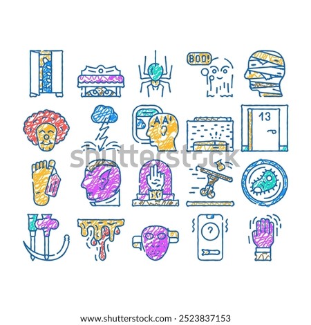 fear phobia problem doodle icons set vector. sketch line art monster and vampire fear, ghost and zombie, mummy and poltergeist, blood and bacteria dread contour illustrations