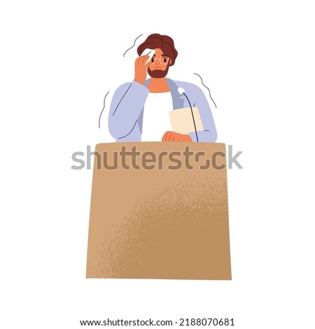 Fear, phobia of public speech. Shy speaker wiping sweat from face, standing at podium. Nervous stressed confused man speaking behind rostrum. Flat vector illustration isolated on white background.