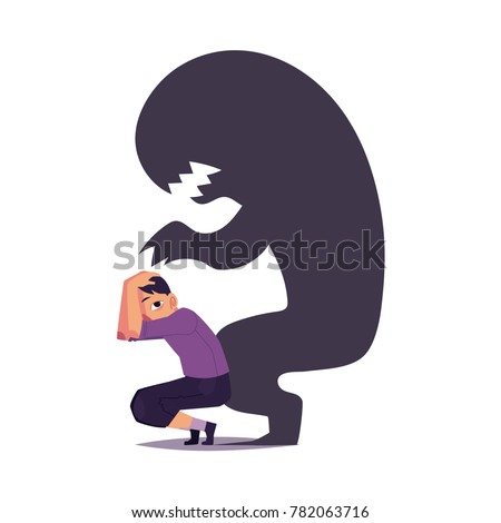 Fear, phobia shown as scary black monster shadow hanging over frightened man, cartoon vector illustration isolated on white background. Concept of mental disorder, phobia, fear as black monster shadow