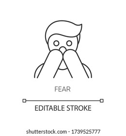 Fear pixel perfect linear icon. Human phobia. Panic attack. Anxiety disorder. Afraid of threat. Thin line customizable illustration. Contour symbol. Vector isolated outline drawing. Editable stroke