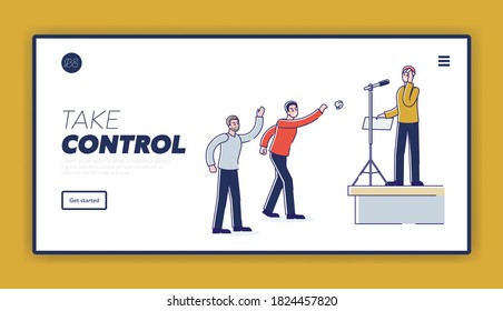 Fear Or Public Speaking And Audience Control Problem Landing Page Concept With Anxious Man On Stage Sweating Afraid Of Public Performance. Linear Vector Illustration