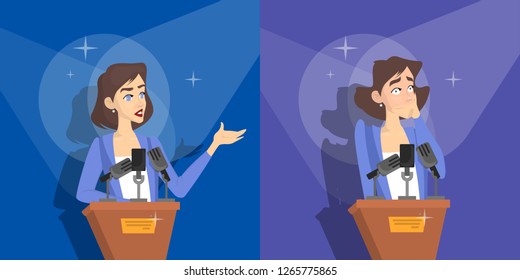 Fear of public speaking or glossphobia. Woman is afraid of giving presentation to the audience. Social anxiety and mental health disorder. Psychology concept. Isolated flat vector illustration
