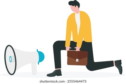 Fear of public speaking, nervous or stress to talk on stage, podium phobia, shy and frightening to give speech to people, fearful nervous businessman sitting hidden behind public speaking podium.

