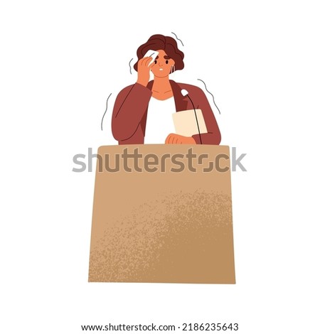 Fear of public speech. Nervous shy person sweating behind tribune podium. Frightened woman with anxiety, phobia during speaking to audience. Flat vector illustration isolated on white background