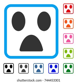 Fear Smile icon. Flat grey iconic symbol inside a blue rounded rectangular frame. Black, gray, green, blue, red, orange color variants of Fear Smile vector. Designed for web and app interfaces.