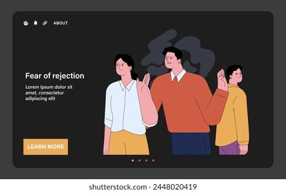 Miedo al rechazo social oscuro o modo noche Web, aterrizaje. Un joven asustado recibiendo una desaprobación de la sociedad, amigos o familia. Fobia a la separación, aislamiento o rechazo. Vector plano