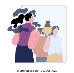 Fear of social rejection. Frightened young woman isolated from society, friends or family with glass wall. Panic expression, phobia of separation, isolation or rejection. Flat vector illustration