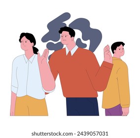 Miedo al rechazo social. Un joven asustado recibiendo una desaprobación de la sociedad, amigos o familia. Expresión de pánico, fobia a la separación, aislamiento o rechazo. Ilustración vectorial plana