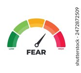 Fear speedometer meter with arrow for dashboard with green, yellow, orange and red indicators. Gauge of tachometer. Low, medium, high and risk levels. Bitcoin fear and greed index cryptocurrency