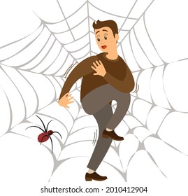 Fear of spider. Man frightened by spinner guy suffering from arachnophobia, human fear concept. Male character sitting on spider web on white background hugged his knees. afraid of insects and beetles