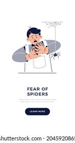 Fear of Spiders, Arachnophobia banner. Scared Child Character is afraid of spider. Phobias, Childhood Irrational Fears, Anxiety Disorder, Scared Faces emotion concept for web. Flat vector illustration