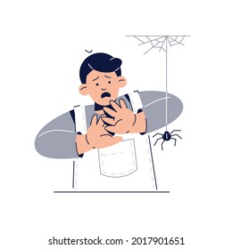 Fear of Spiders, Arachnophobia concept. Scared Kid Character is afraid of spider. Phobias, Childhood Irrational Fears, Anxiety Disorder, Scared Faces emotion for web design. Flat vector illustration