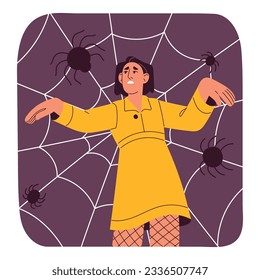 Miedo a las arañas, concepto de aracnofobia. Mujer asustada con fobia a la telaraña, con miedo a la web, la telaraña y los insectos arácnidos. Una persona nerviosa asustada y asustada en pánico, estrés. Ilustración vectorial plana