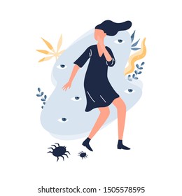 Fear of spiders. Arachnophobia concept. Woman is afraid of scary insect. Psychology and psycho therapy concept. Isolated flat illustration