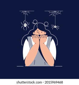 Fear of Spiders, Arachnophobia vector illustration. Screaming Frightened woman character with Phobia Afraid Spider, Covers Face With Hands. Anxiety disorder, Insect Phobia concept for web. Flat design