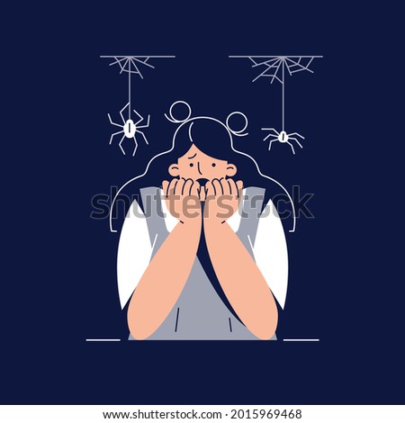 Fear of Spiders, Arachnophobia vector illustration. Screaming Frightened woman character with Phobia Afraid Spider, Covers Face With Hands. Anxiety disorder, Insect Phobia concept for web. Flat design