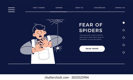 Fear of Spiders, Arachnophobia web template. Scared Child Character is afraid of spider. Phobia, Childhood Irrational Fear, Anxiety Disorder, Scared Face emotion for homepage. Flat vector illustration