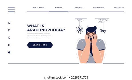 Fear Of Spiders, Arachnophobia Web Template. Scared Frightened Man Character With Hands On The Face Is Afraid Of Spiders. Irrational Fears, Phobia, Panic Attack For Homepage. Flat Vector Illustration